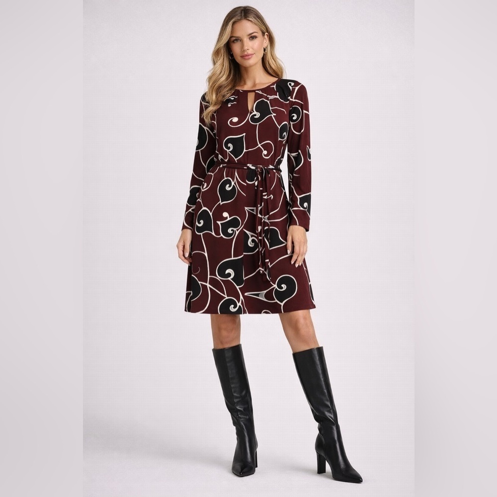 Ann Taylor Factory Dress Floral Heart Vine Rich Burgundy and Black Size Large